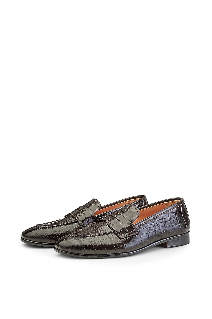 Brown Croco Leather Embellished Slip-On Shoes by SHUTIQ at Pernia's Pop Up Shop