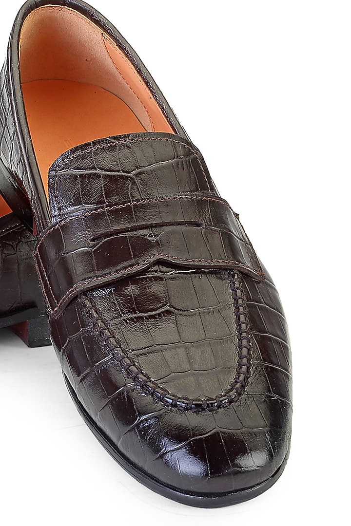 Brown Croco Leather Embellished Slip-On Shoes by SHUTIQ at Pernia's Pop Up Shop
