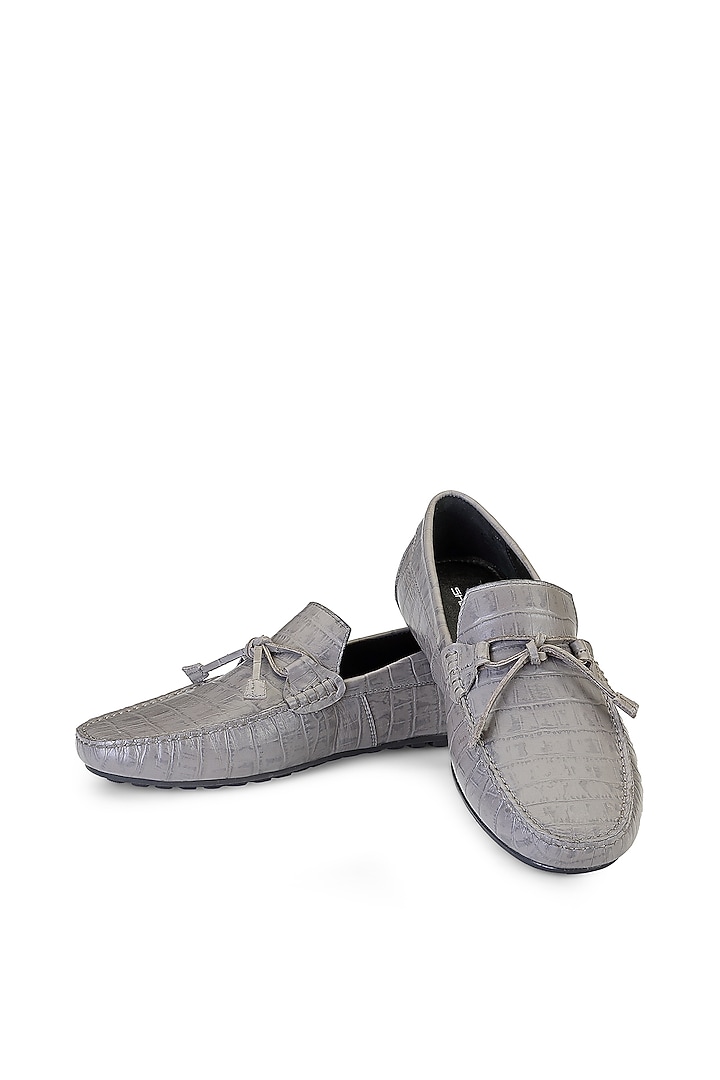 Grey Croco Leather Slip-On Shoes by SHUTIQ at Pernia's Pop Up Shop
