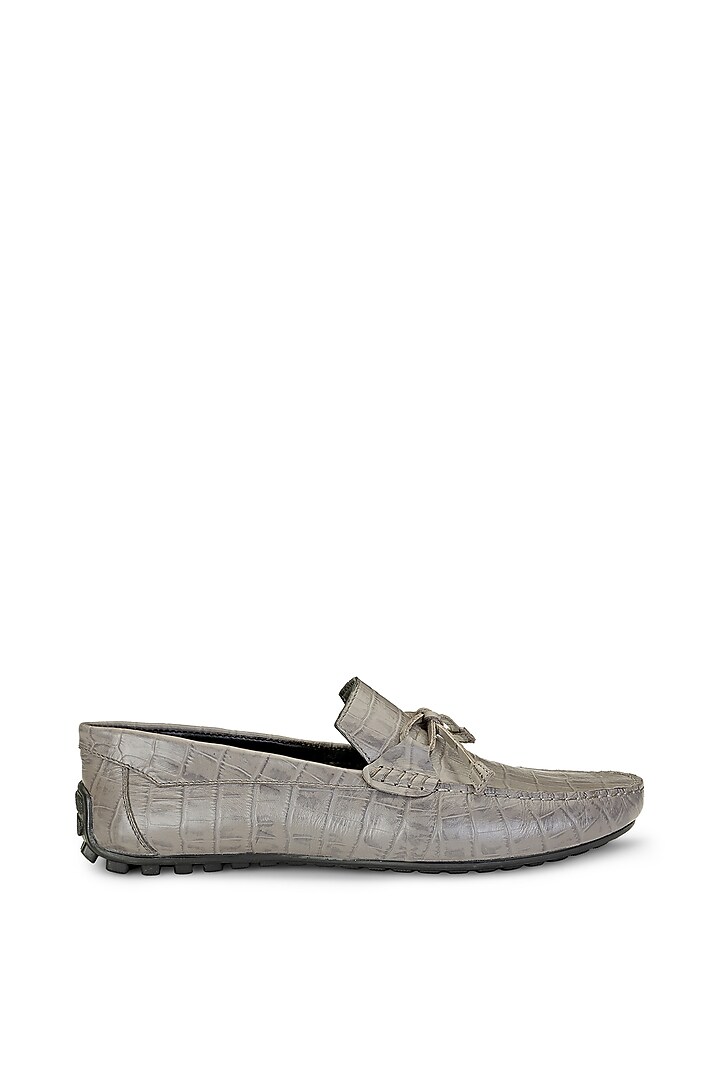 Grey Croco Leather Slip-On Shoes by SHUTIQ at Pernia's Pop Up Shop