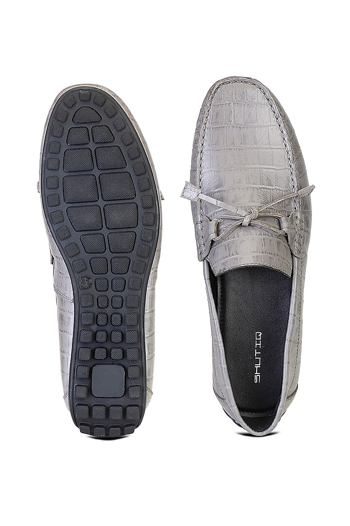 Grey Croco Leather Slip-On Shoes by SHUTIQ at Pernia's Pop Up Shop
