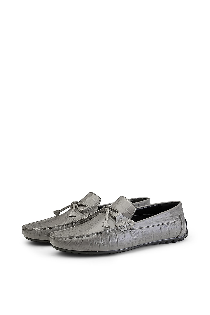 Grey Croco Leather Slip-On Shoes by SHUTIQ at Pernia's Pop Up Shop