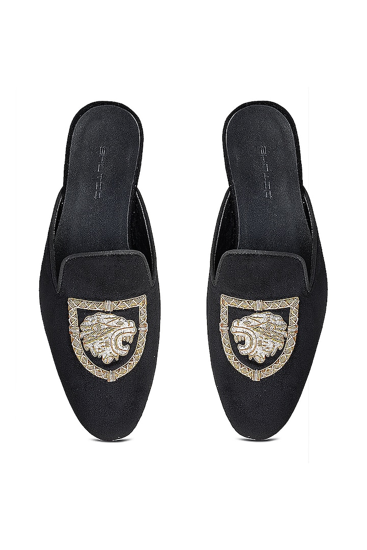 Black Velvet Embroidered Mules by SHUTIQ at Pernia's Pop Up Shop