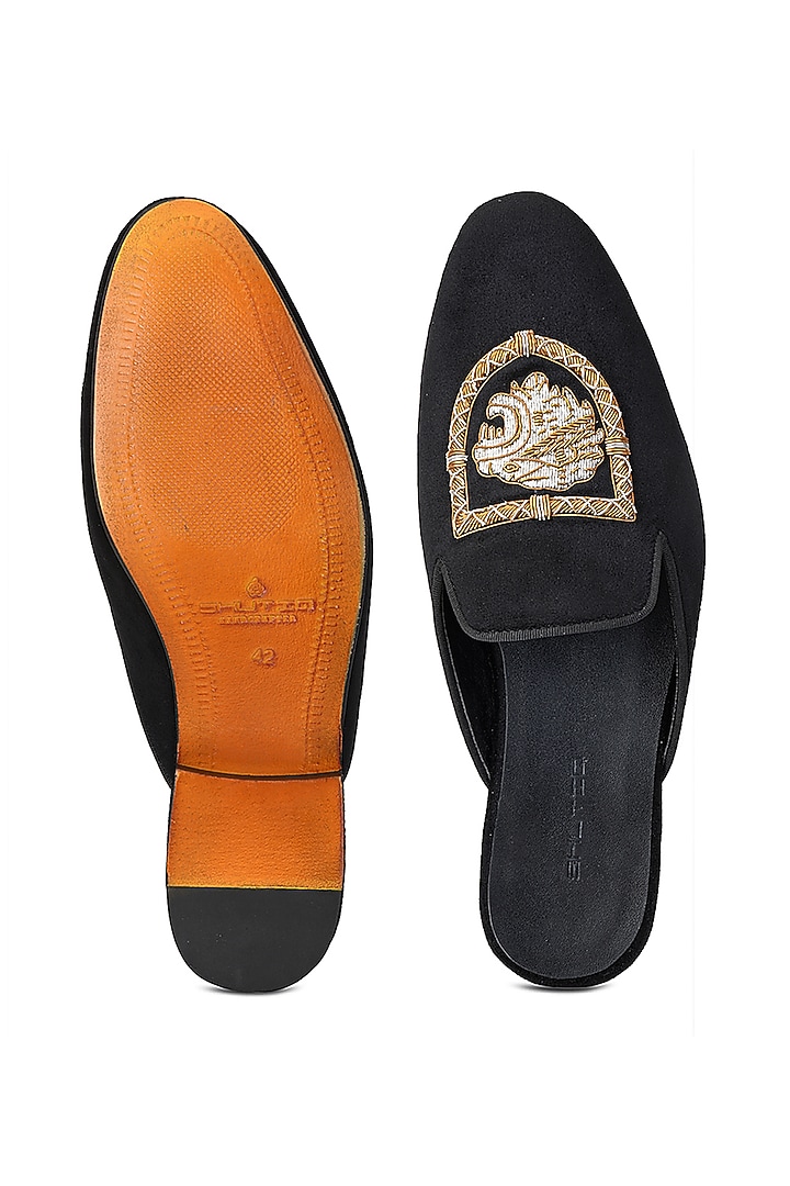 Black Velvet Embroidered Mules by SHUTIQ at Pernia's Pop Up Shop