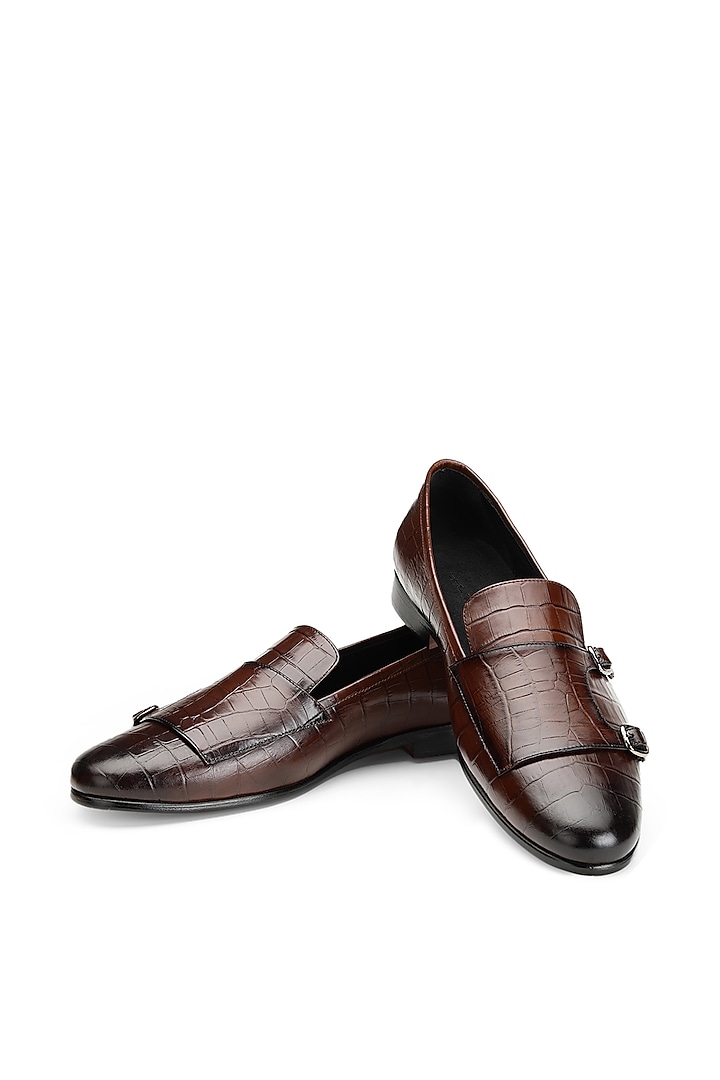 Brown Croco Leather Double Strap Monks by SHUTIQ