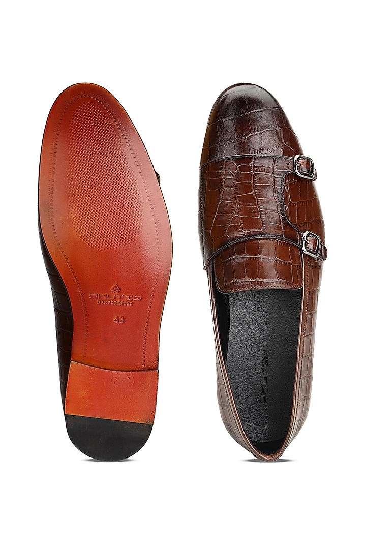 Brown Croco Leather Double Strap Monks by SHUTIQ at Pernia's Pop Up Shop