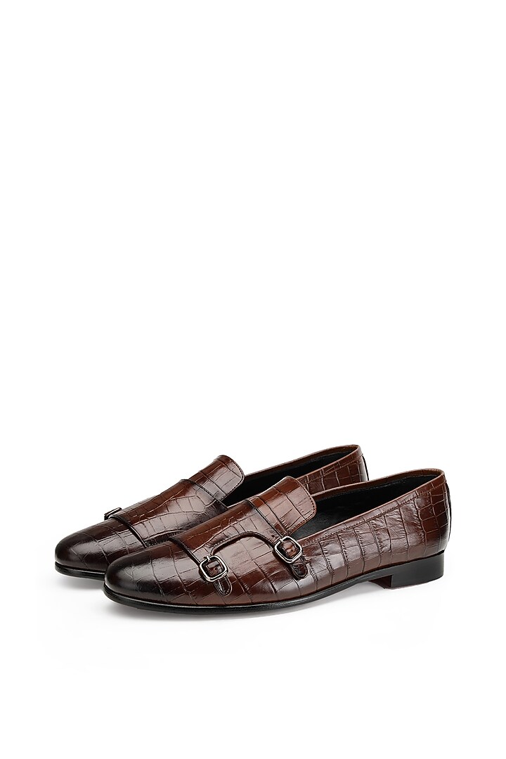 Brown Croco Leather Double Strap Monks by SHUTIQ at Pernia's Pop Up Shop