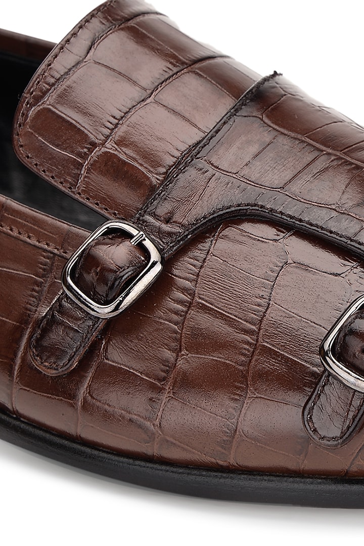 Brown Croco Leather Double Strap Monks by SHUTIQ at Pernia's Pop Up Shop