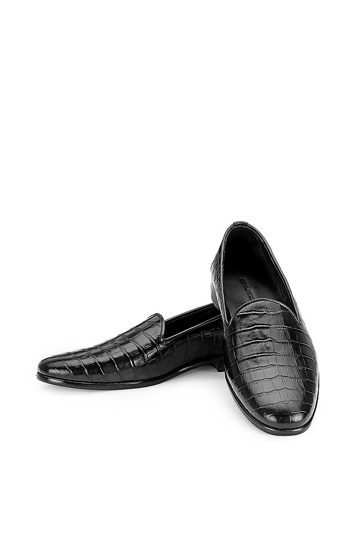 Black Croco Leather Slip-On Shoes by SHUTIQ at Pernia's Pop Up Shop
