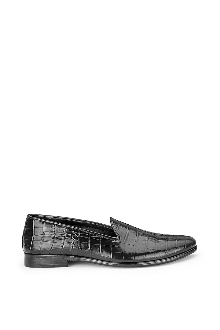 Black Croco Leather Slip-On Shoes by SHUTIQ at Pernia's Pop Up Shop