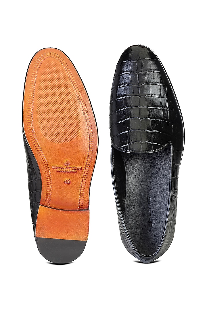 Black Croco Leather Slip-On Shoes by SHUTIQ at Pernia's Pop Up Shop
