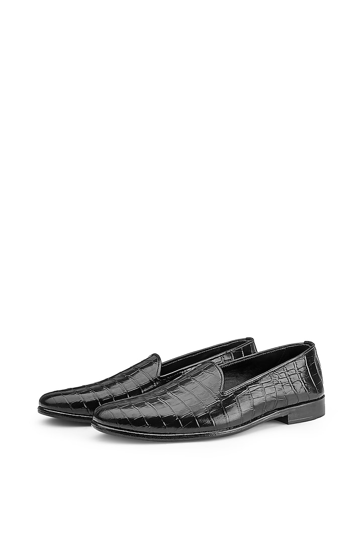 Black Croco Leather Slip-On Shoes by SHUTIQ at Pernia's Pop Up Shop