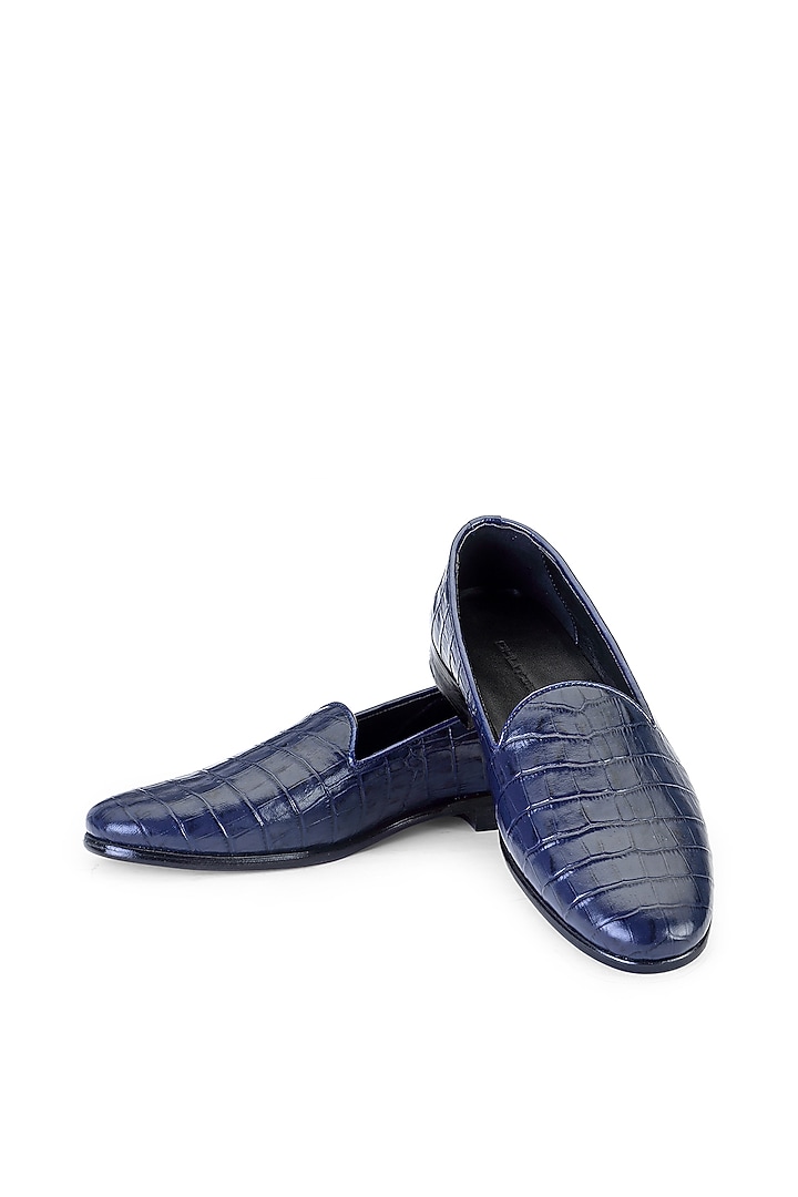 Blue Croco Leather Slip-On Shoes by SHUTIQ at Pernia's Pop Up Shop