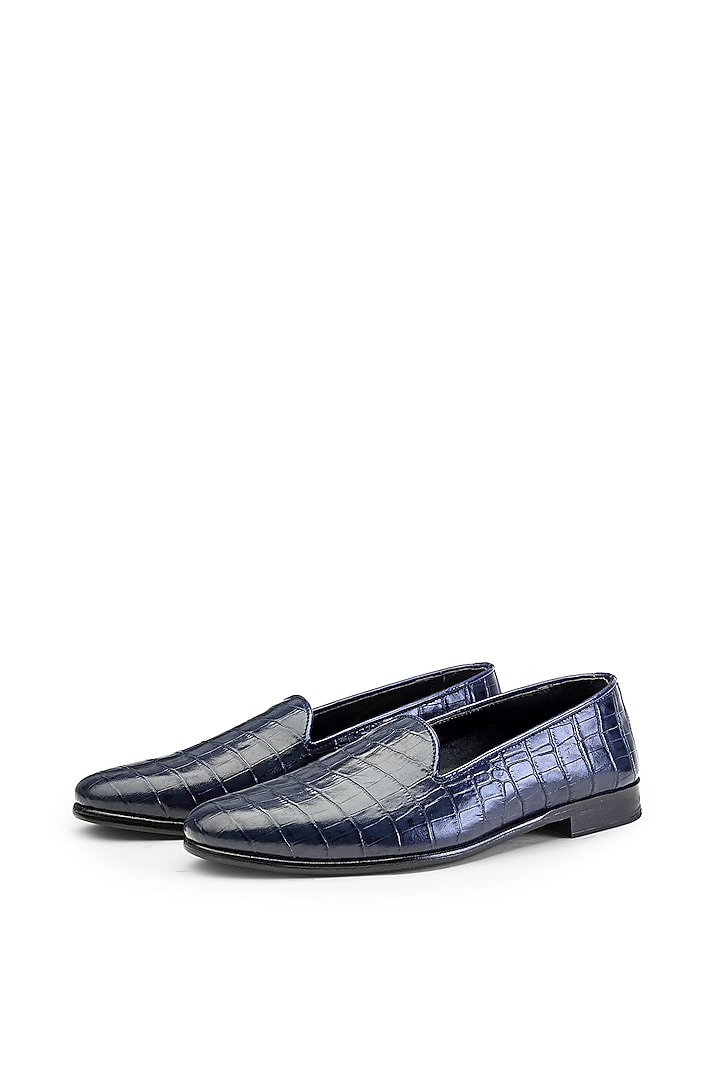 Blue Croco Leather Slip-On Shoes by SHUTIQ at Pernia's Pop Up Shop