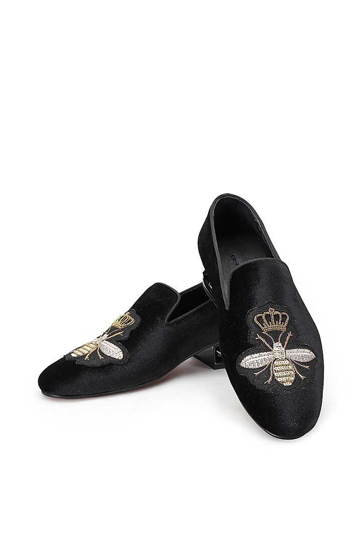 Black Velvet Embroidered Slip-On Shoes by SHUTIQ at Pernia's Pop Up Shop