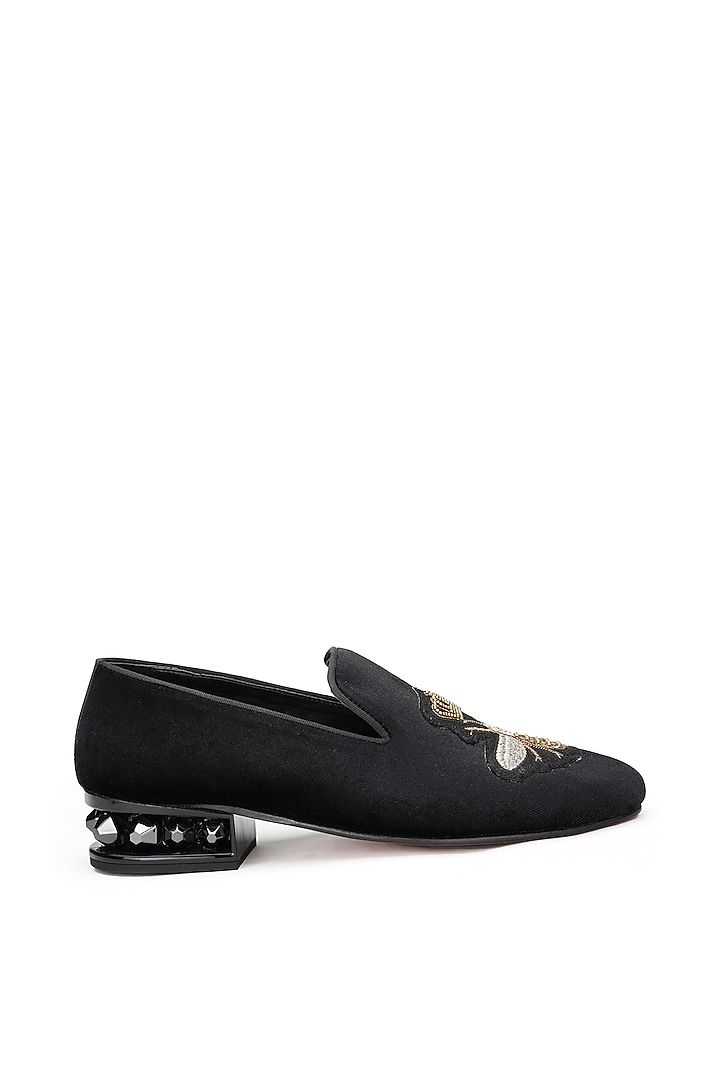 Black Velvet Embroidered Slip-On Shoes by SHUTIQ at Pernia's Pop Up Shop