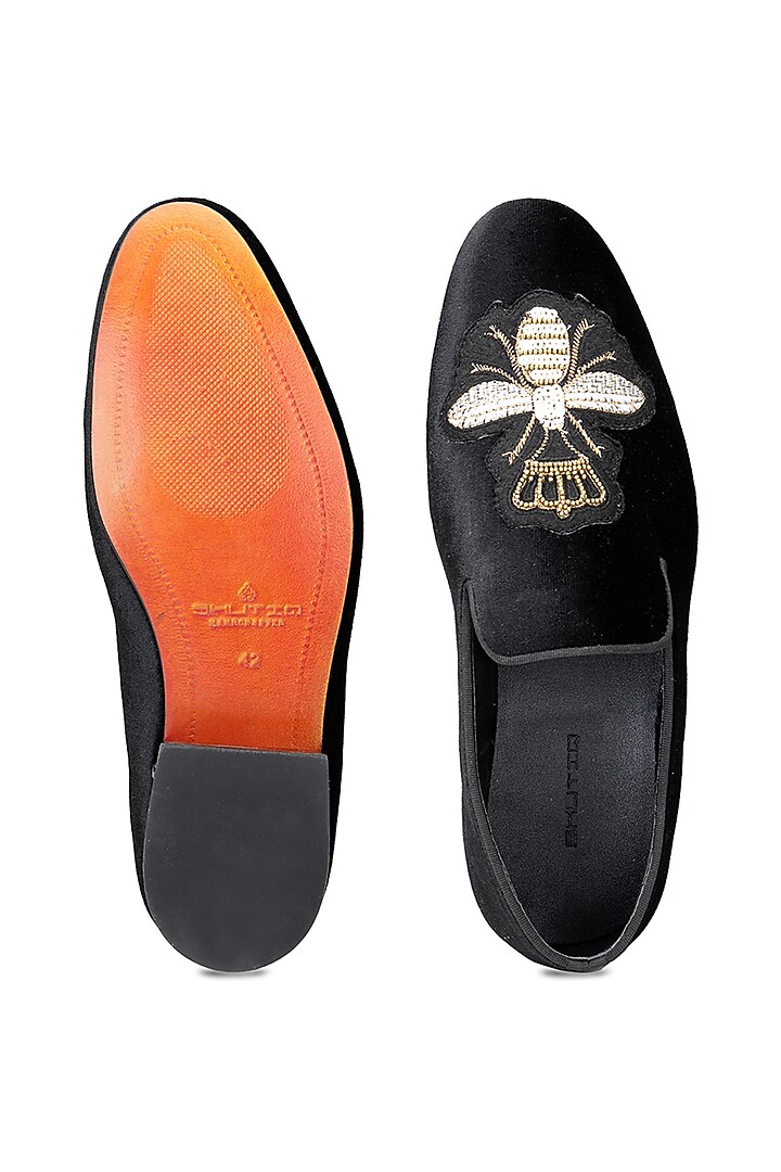 Black Velvet Embroidered Slip-On Shoes by SHUTIQ at Pernia's Pop Up Shop