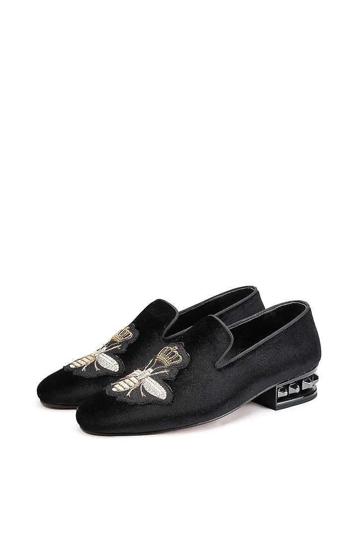 Black Velvet Embroidered Slip-On Shoes by SHUTIQ at Pernia's Pop Up Shop