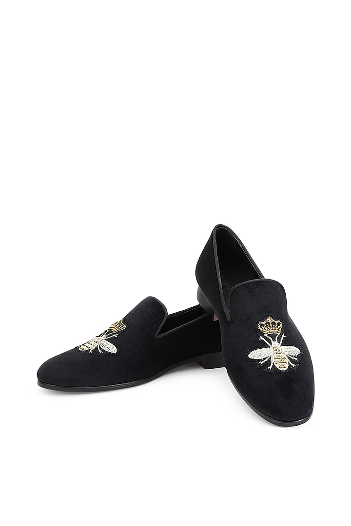 Black Velvet Embroidered Slip-On Shoes by SHUTIQ at Pernia's Pop Up Shop