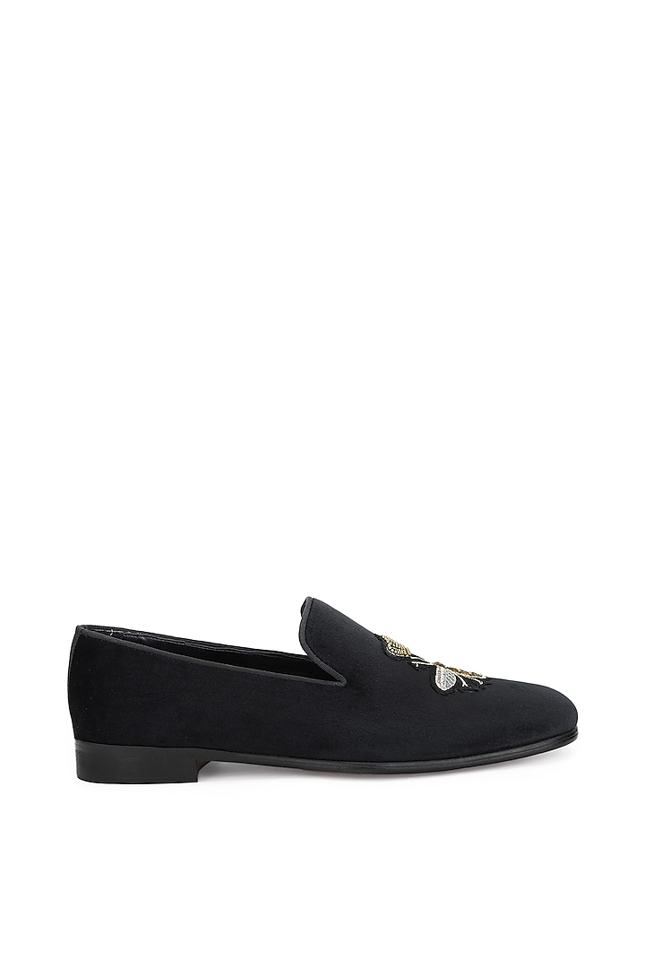 Black Velvet Embroidered Slip-On Shoes by SHUTIQ at Pernia's Pop Up Shop