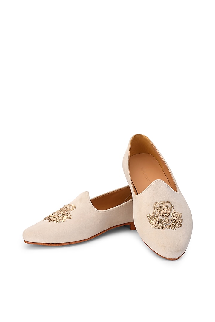 Ivory Suede Embroidered Slip-On Shoes by SHUTIQ