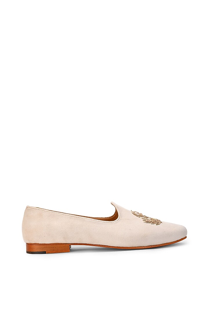 Ivory Suede Embroidered Slip-On Shoes by SHUTIQ at Pernia's Pop Up Shop
