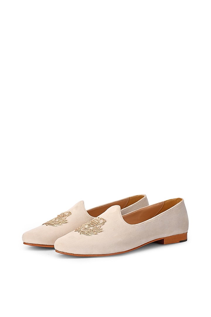 Ivory Suede Embroidered Slip-On Shoes by SHUTIQ at Pernia's Pop Up Shop