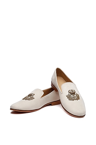 Ivory Suede Hand Embroidered Slip-On Shoes by SHUTIQ