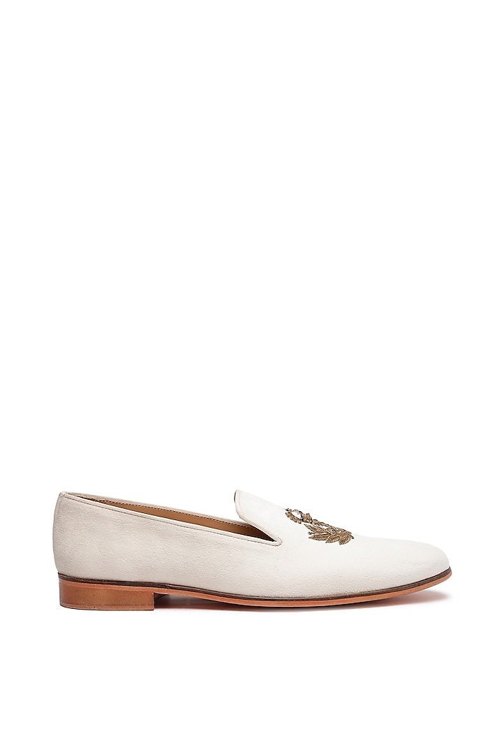 Ivory Suede Hand Embroidered Slip-On Shoes by SHUTIQ at Pernia's Pop Up Shop