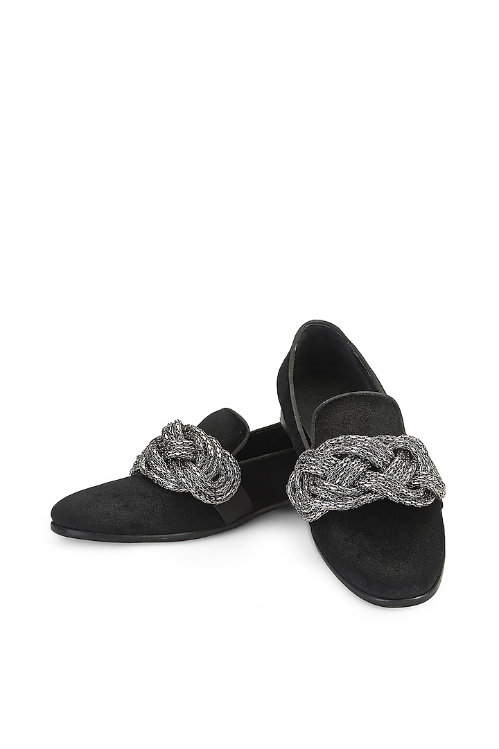 Black Velvet Embellished Slip-On Shoes by SHUTIQ at Pernia's Pop Up Shop