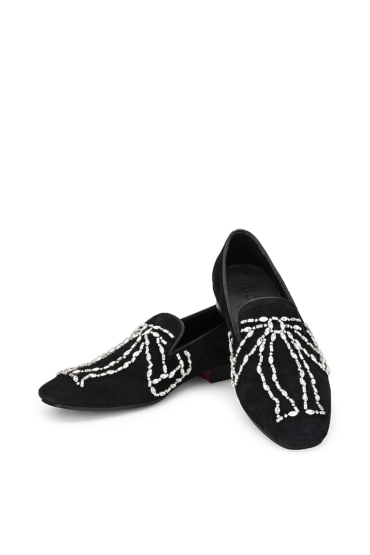 Black Velvet Embellished Slip On Shoes by SHUTIQ at Pernia's Pop Up Shop