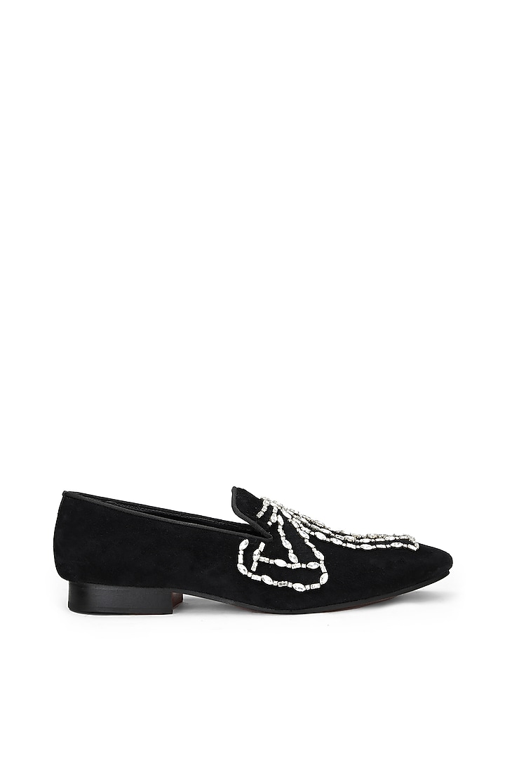 Black Velvet Embellished Slip On Shoes by SHUTIQ at Pernia's Pop Up Shop