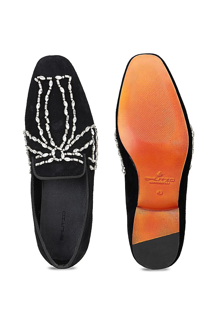 Black Velvet Embellished Slip On Shoes by SHUTIQ at Pernia's Pop Up Shop