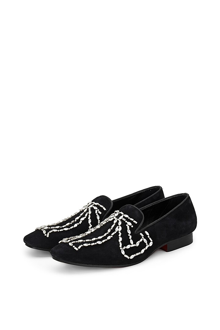 Black Velvet Embellished Slip On Shoes by SHUTIQ at Pernia's Pop Up Shop