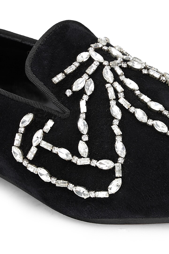 Black Velvet Embellished Slip On Shoes by SHUTIQ at Pernia's Pop Up Shop