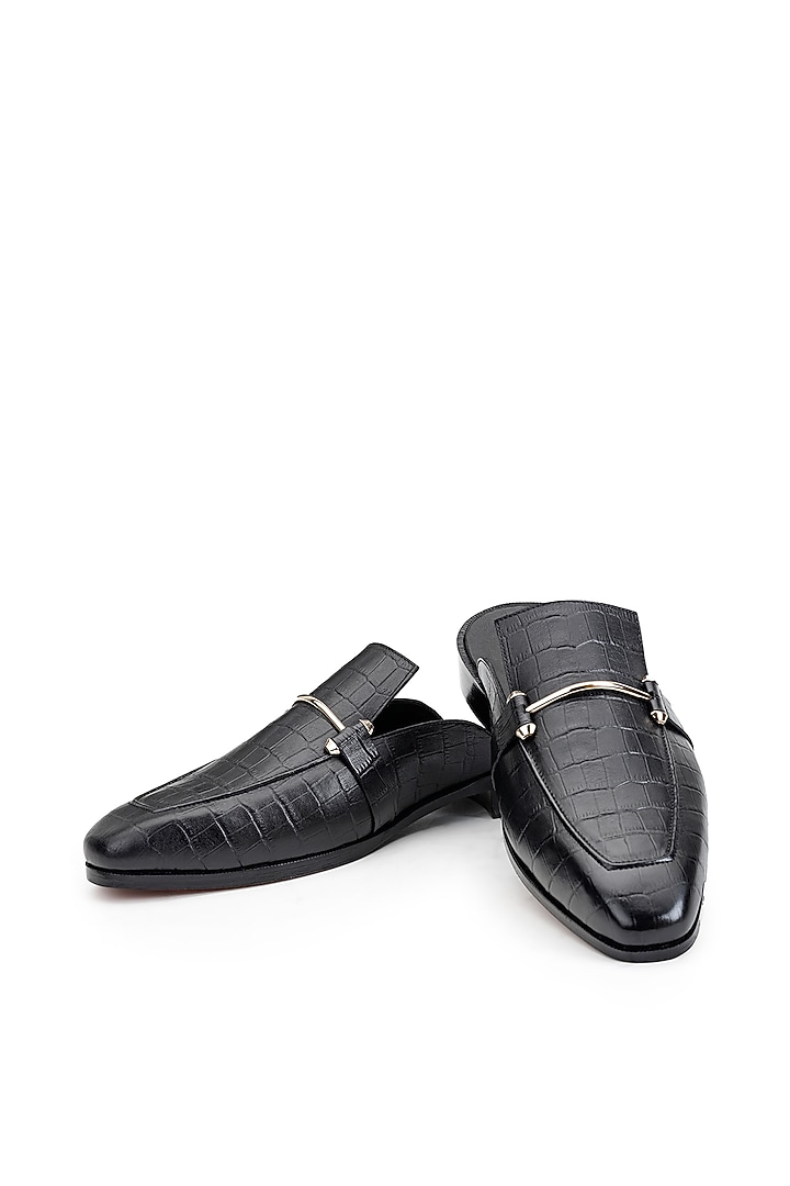 Black Croco Leather Mules by SHUTIQ at Pernia's Pop Up Shop