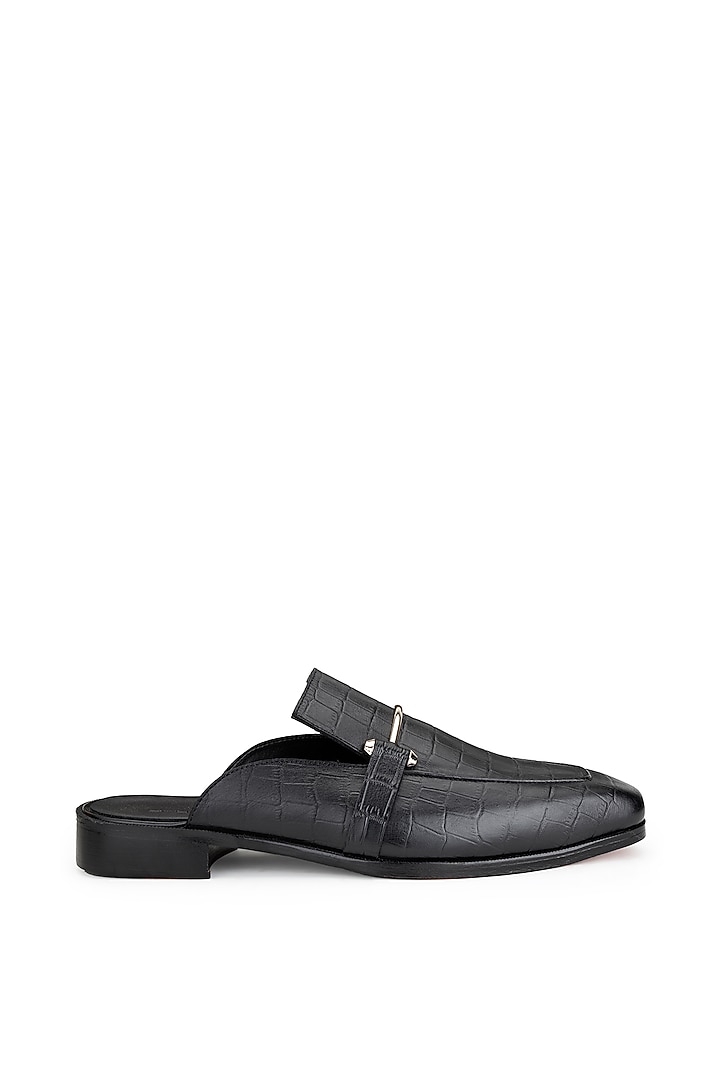 Black Croco Leather Mules by SHUTIQ at Pernia's Pop Up Shop