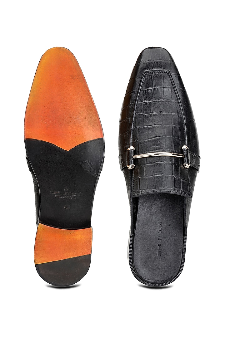 Black Croco Leather Mules by SHUTIQ at Pernia's Pop Up Shop