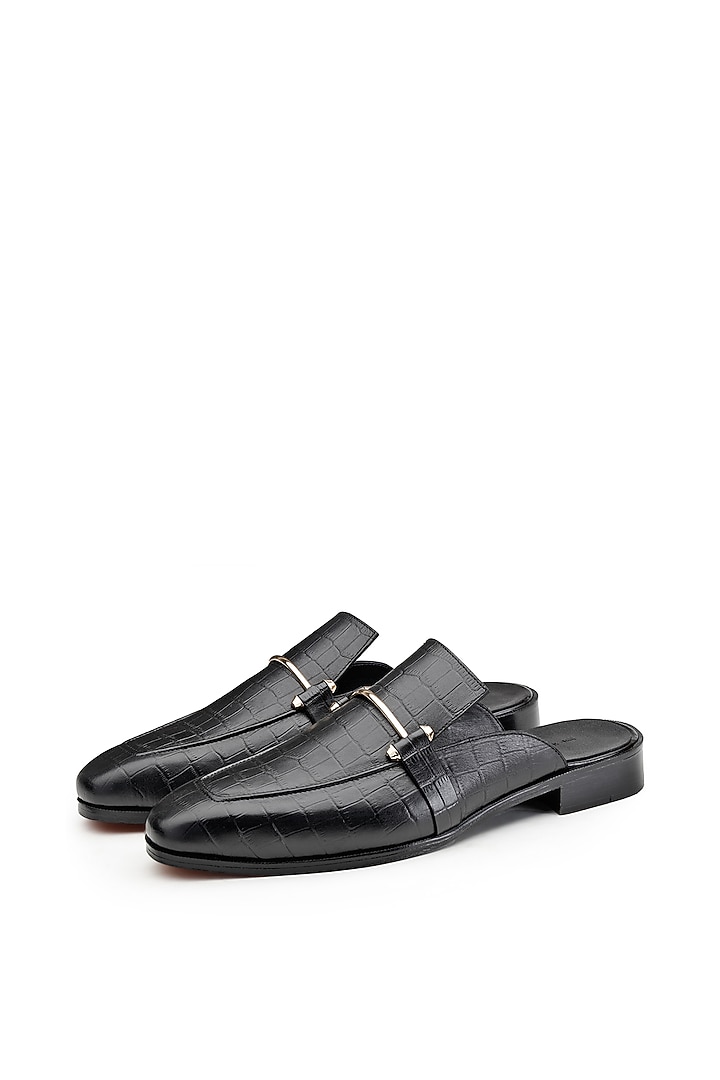 Black Croco Leather Mules by SHUTIQ at Pernia's Pop Up Shop