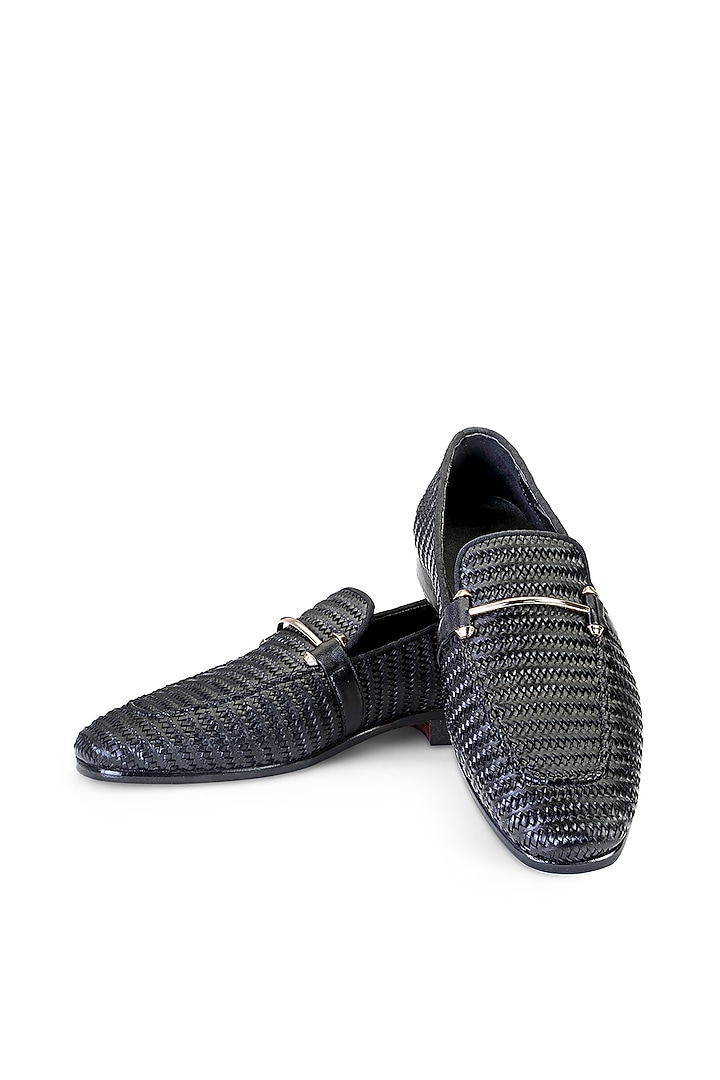 Black Leather Embellished Slip On Shoes by SHUTIQ at Pernia's Pop Up Shop