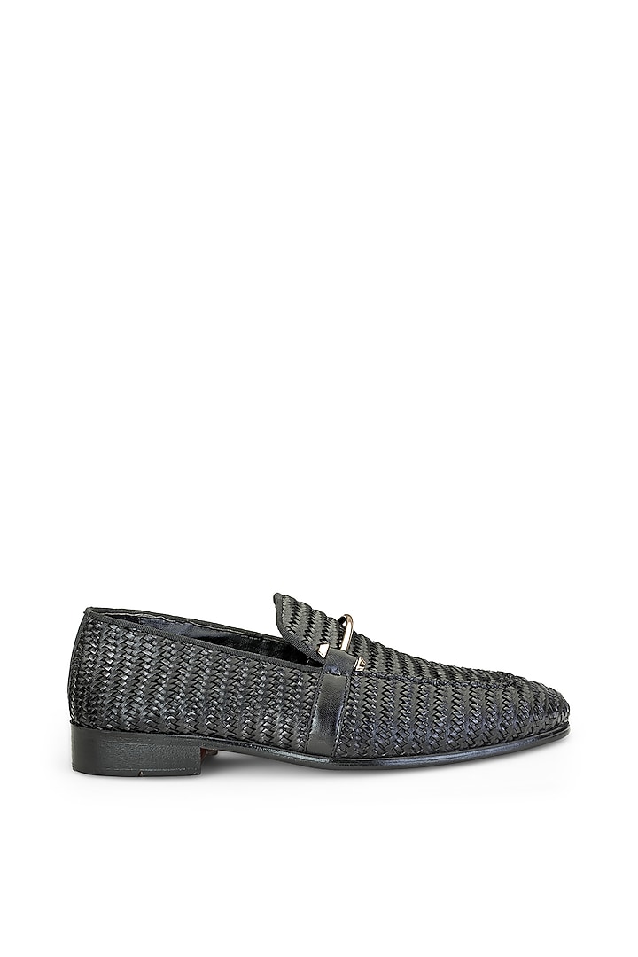 Black Leather Embellished Slip On Shoes by SHUTIQ at Pernia's Pop Up Shop