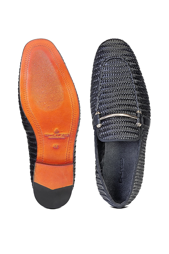 Black Leather Embellished Slip On Shoes by SHUTIQ at Pernia's Pop Up Shop