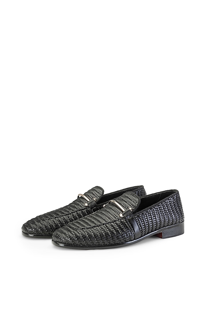 Black Leather Embellished Slip On Shoes by SHUTIQ at Pernia's Pop Up Shop