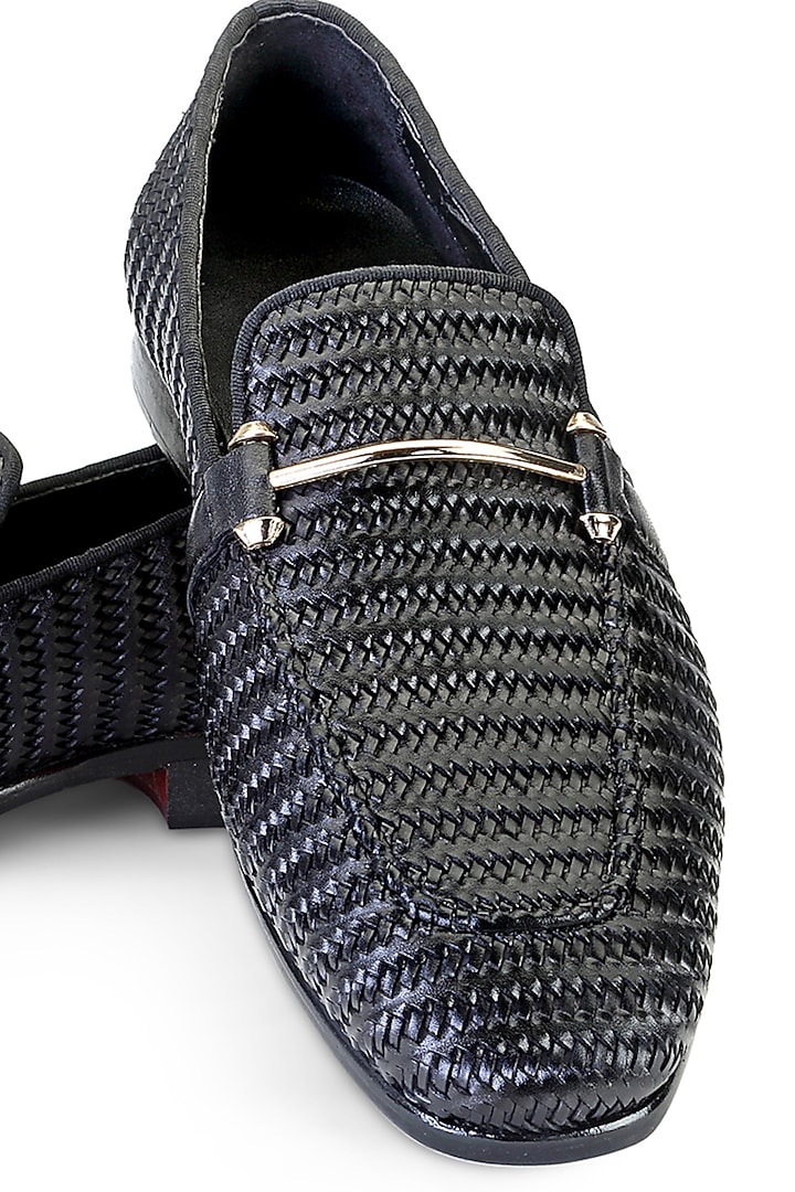 Black Leather Embellished Slip On Shoes by SHUTIQ at Pernia's Pop Up Shop