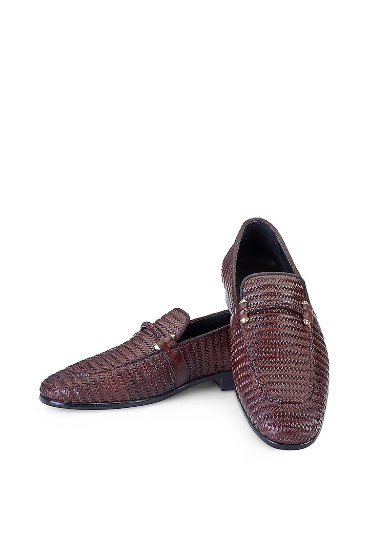 Brown Leather Embellished Slip On Shoes by SHUTIQ at Pernia's Pop Up Shop