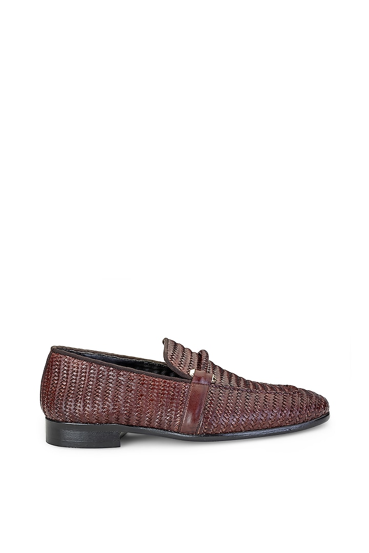 Brown Leather Embellished Slip On Shoes by SHUTIQ at Pernia's Pop Up Shop