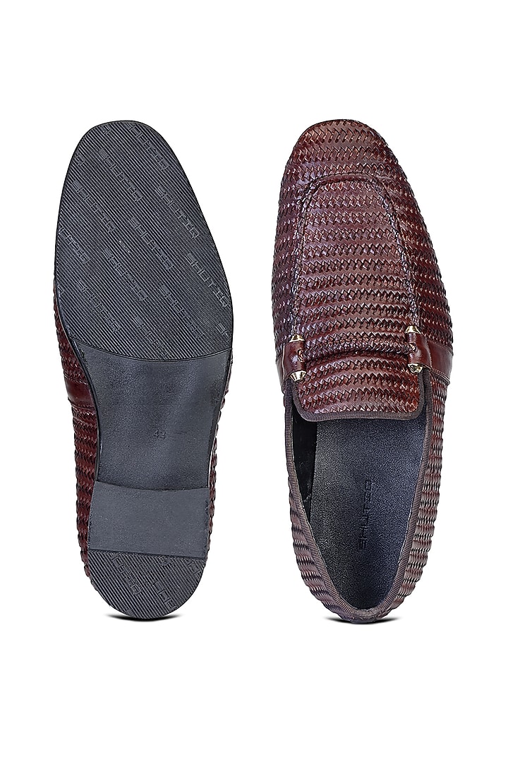 Brown Leather Embellished Slip On Shoes by SHUTIQ at Pernia's Pop Up Shop