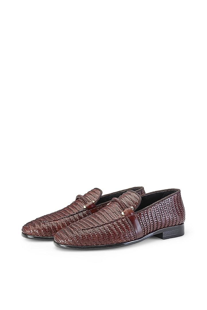 Brown Leather Embellished Slip On Shoes by SHUTIQ at Pernia's Pop Up Shop