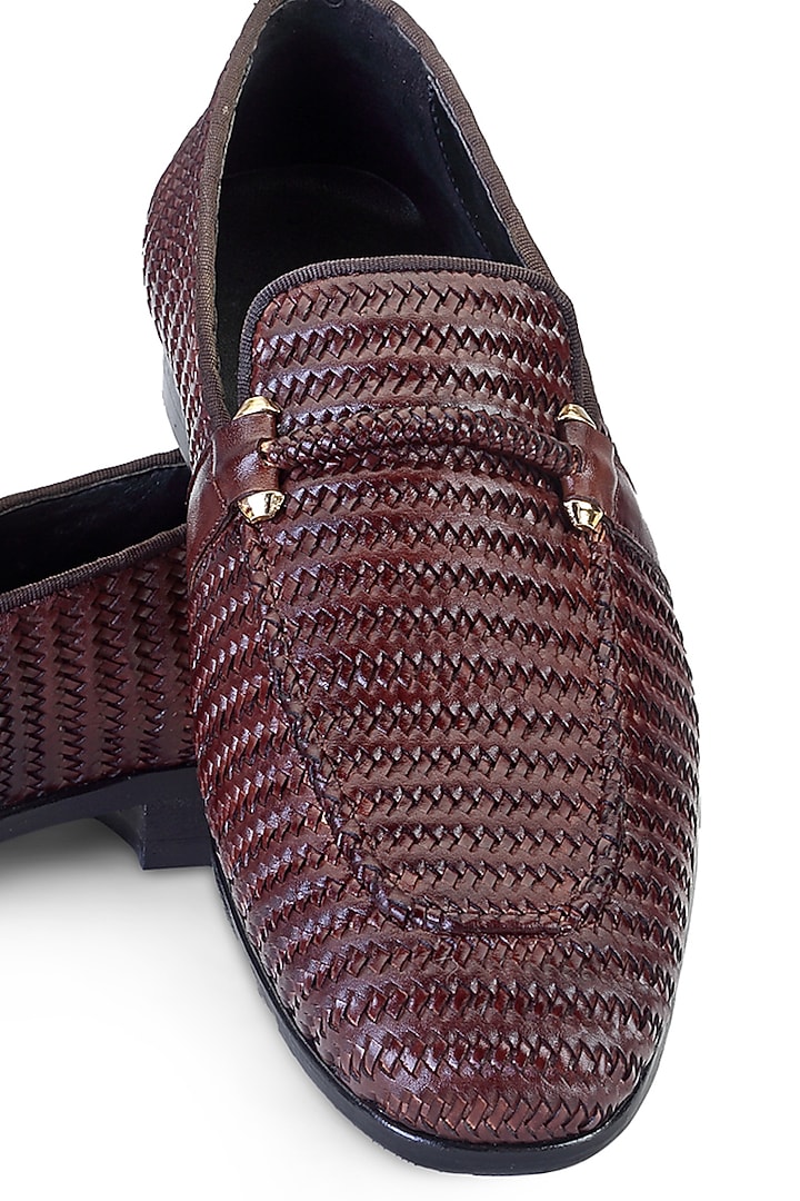 Brown Leather Embellished Slip On Shoes by SHUTIQ at Pernia's Pop Up Shop