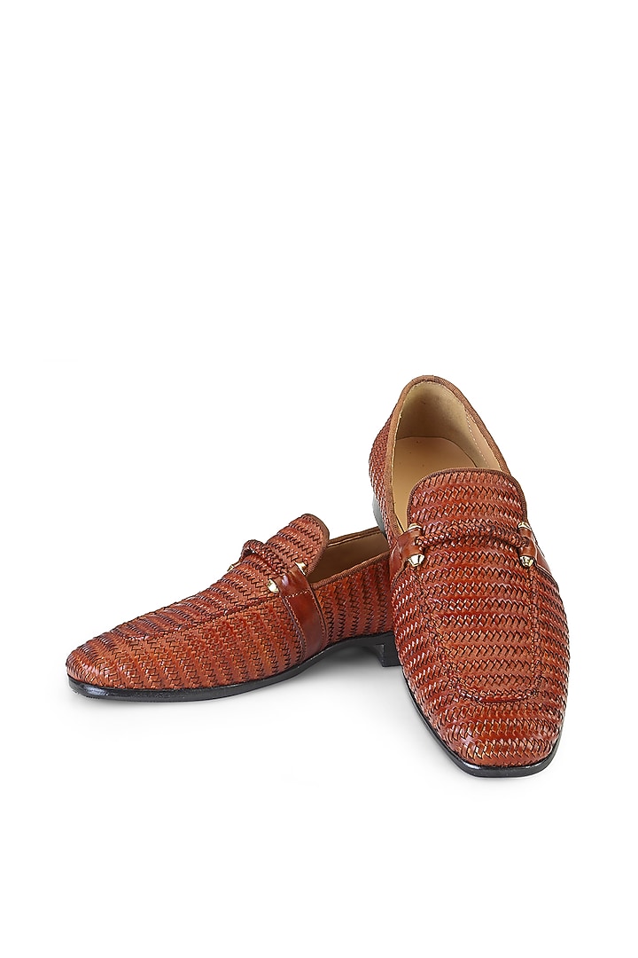 Tan Leather Embellished Slip On Shoes by SHUTIQ at Pernia's Pop Up Shop